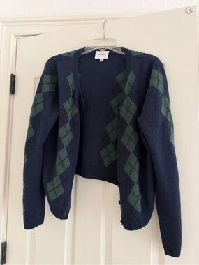 Reformation Navy and Green Argyle Open-Front Cardigan